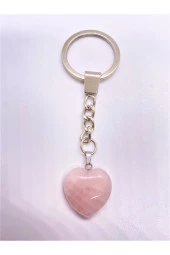 Pembe Kuvars Taşı Doğal Taş Kalp Anahtarlık Hediyelik - 1