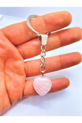 Pembe Kuvars Taşı Doğal Taş Kalp Anahtarlık Hediyelik - 2