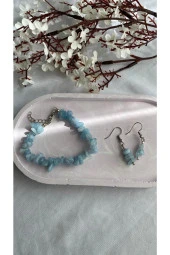 Akuamarin Doğal Taş Bileklik Küpe Seti - 1