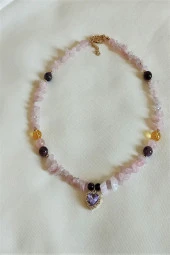 Swarovski Taşlı Pembe Kuvars, Ametist, Sitrin Doğaltaş Kalp Kolye - 1