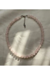 Pembe Kuvars Yuvarlak Doğal Taş Kolye - 1