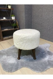 Asedia Miskin Ceviz Teddy Krem Ahşap Ayaklı Peluş Puf Makyaj Koltuğu Yuvarlak Tabure thumbnail 1