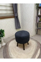 Asedia Miskin Ceviz Teddy Antrasit Ahşap Ayaklı Peluş Puf Makyaj Koltuğu Yuvarlak Tabure thumbnail 1