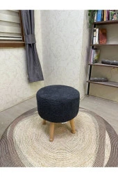 Asedia Miskin Naturel Teddy Antrasit Ahşap Ayaklı Peluş Puf Makyaj Koltuğu Yuvarlak Tabure thumbnail 3
