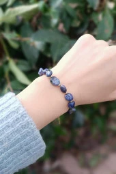 Bileklik Doğal Sodalit Taşı 316L Kararmaz Çelik Hakiki Boncuklu Kadın Erkek Bilezik - 3