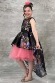 Kız Çocuk Çiçek Desenli Tül Detaylı Kuyruklu Saten Siyah Elbise thumbnail 2