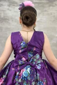 Kız Çocuk Çiçek Desenli Tül Detaylı Kuyruklu Saten Mor Elbise thumbnail 7