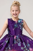 Kız Çocuk Çiçek Desenli Tül Detaylı Kuyruklu Saten Mor Elbise thumbnail 2
