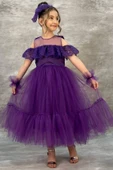 Kız Çocuk Yakası Transparan Omzu Açık Göğsü ve Kolları Güpür İşlemeli Mor Abiye thumbnail 1