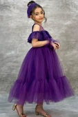 Kız Çocuk Yakası Transparan Omzu Açık Göğsü ve Kolları Güpür İşlemeli Mor Abiye thumbnail 3