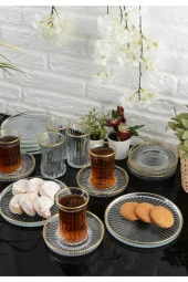 18 Parça 6 Kişilik Gold Yaldızlı Çay Seti Takımı - Pasta tabağı, Çay Bardağı, Çay Tabağı - 1