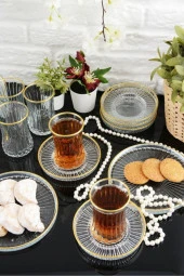 18 Parça 6 Kişilik Gold Yaldızlı Çay Seti Takımı - Pasta tabağı, Çay Bardağı, Çay Tabağı - 6