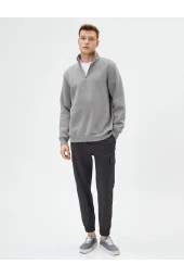 Yarım Fermuarlı Sweatshirt Basic Dik Yaka Ribanalı Uzun Kollu - 2