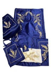 Lacivert Maraş İşi Nakışlı Kadife Seccade Çeyiz Seti - 1