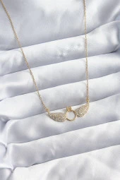 316L Çelik Zincir Gold Renk Zirkon Taşlı Kanatlı Yüzük Model Kadın Kolye thumbnail 1