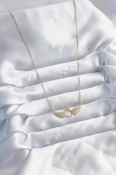 316L Çelik Zincir Gold Renk Zirkon Taşlı Kanatlı Yüzük Model Kadın Kolye thumbnail 2