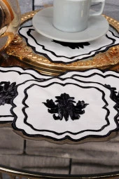 Liva Siyah 6lı Kokteyl Kahve Sunum Peçetesi Maraş Işi Sırma Nakış Işlemeli Gardenya Sunumluk - 1