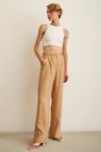 Yüksek Bel Geniş Paça Pantolon Camel thumbnail 3