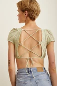 Arkası Bağlamalı Çiçekli Crop Top Yeşil - 1