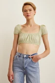 Arkası Bağlamalı Çiçekli Crop Top Yeşil - 2