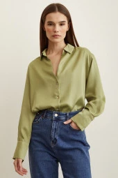 Viskon Saten Basic Gömlek Olive thumbnail 1