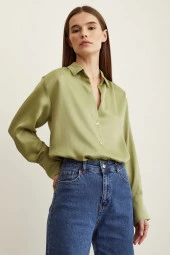 Viskon Saten Basic Gömlek Olive thumbnail 5