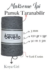 Taranan Makrome Ipi 3mm Taranabilir Pamuk Tek Büküm Makrome Ipi Koyu Gri - 2
