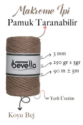 Taranan Makrome Ipi 3mm Taranabilir Pamuk Tek Büküm Makrome Ipi Koyu Bej thumbnail 2