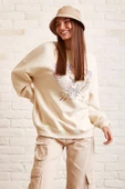 Bisiklet Yaka Baskılı Sweatshirt Krem - 3
