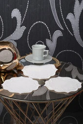 Yuvarlak Krem&Krem 6lı Linen Keten Kahve Yanı Kokteyl Sunum Parti Peçetesi Nakış Işlemeli Sunumluk - 1