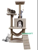 B-07 Hamaklı Yuvalı Lüx Kedi Tırmalama Oyun Evi-bej - 6