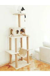 Mega Kedi Evi Tırmalama Açıkbej, Ponponlu, Büyük Yuvalı - 1