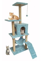 B-07 Hamaklı Yuvalı Lüx Kedi Tırmalama Oyun Evi-turkuaz thumbnail 1