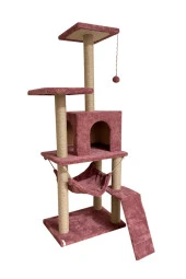 B-07 Hamaklı Yuvalı Lüx Kedi Tırmalama Oyun Evi- Gül Kurusu thumbnail 1