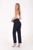 Overlok Kaplamalı Detaylı Yüksek Belli Rahat / Relaxed Kadın Jean Kot Pantolon Şantuklu Lacivert - 3