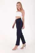 Overlok Kaplamalı Detaylı Yüksek Belli Rahat / Relaxed Kadın Jean Kot Pantolon Şantuklu Lacivert - 4