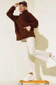 Üç İplik Kapüşonlu Oversize Tunik Kahve - 2
