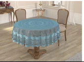 Bella Raşel Örme Tül Osmanlı Desen Yuvarlak Masa Örtüsü Mavi - 1