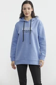 Kapüşonlu İçi Pamuklu Kalın Sweatshirt - Mavi - 1