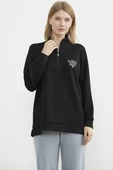 Dik Yaka Yarım Fermuarlı Sweatshirt - Siyah - 4