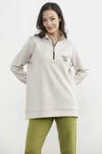 Dik Yaka Yarım Fermuarlı Sweatshirt - Taş - 4
