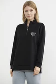 Dik Yaka Yarım Fermuarlı Sweatshirt - Siyah - 5