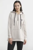 Yarım Fermuarlı Kapüşonlu Sweatshirt - Taş - 3