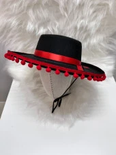 İspanyol Şapka Kırmızı Ponponlu Siyah Renk 53x54 cm thumbnail 1