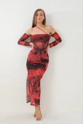 Düşük Kol Detaylı Desenli Midi Boy Tül Elbise thumbnail 1