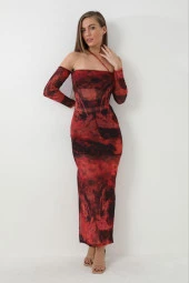 Düşük Kol Detaylı Desenli Midi Boy Tül Elbise thumbnail 2