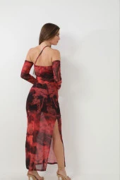 Düşük Kol Detaylı Desenli Midi Boy Tül Elbise thumbnail 3