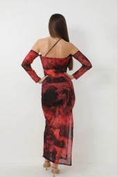 Düşük Kol Detaylı Desenli Midi Boy Tül Elbise thumbnail 8