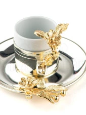 Altın Japon Gülü Baton Tepsi + 6'lı Çizgili Kahve Fincanı Nikel thumbnail 4
