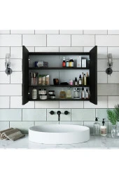 Roomart Ad7 Kulpsuz 2 Kapaklı Ahşap Siyah Suntalam 80 Cm Aynalı Banyo Üst Dolabı thumbnail 3